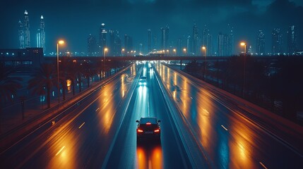 Fototapeta premium Night cityscape with cars and reflection on wet road