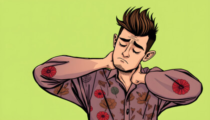 Fototapeta premium Photo of stressed guy with bristle stylish haircut dressed print shirt arms cover ears eyes closed isolated on green color background, doodle art. with white shades