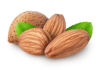 Isolated pile of almonds. One shelled and three peeled almond nut isolated on white background with clipping path