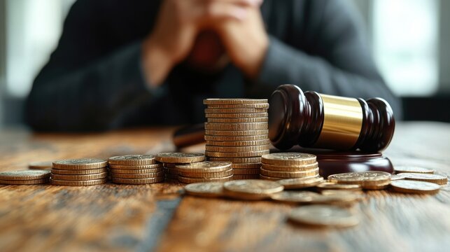 A sad man faces the burden of paying a penalty fine for legal violations, highlighted by a law gavel resting on a stack of coins