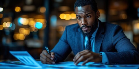Businessman analyzing sales data and economic growth trends using a tablet for strategic insights
