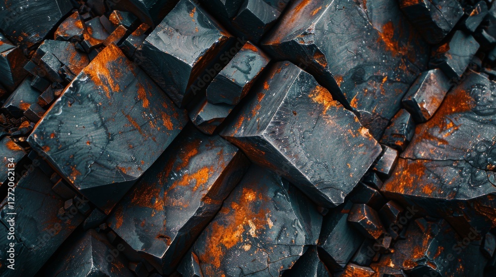 Aufkleber rich in color and texture, the close up features bold orange and dark mineral blocks stacked intrica