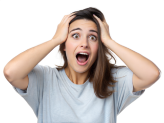 young woman screaming with hands on head isolated on transparent background