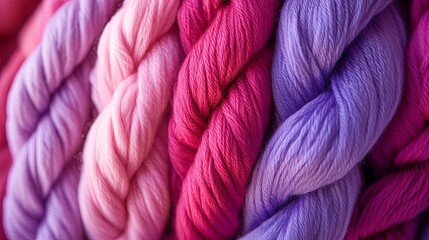 Vibrant pink and purple yarn collection close-up displaying different hues and textures