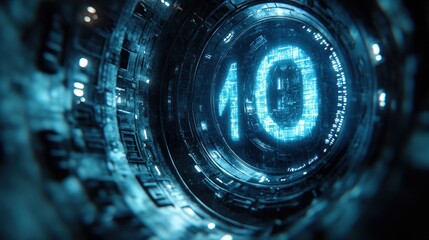 Futuristic countdown 10 in a technological tunnel