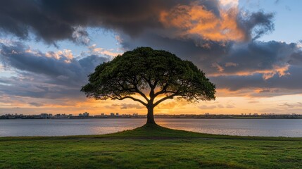 Fototapeta premium Solitary tree silhouette at sunset, city skyline, waterfront park, peaceful nature scene
