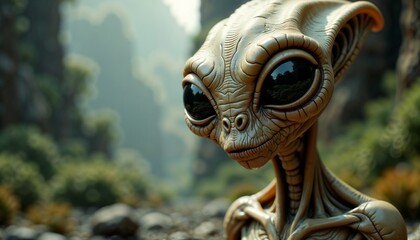 Futuristic alien character with distinct features in a mystical outdoor environment