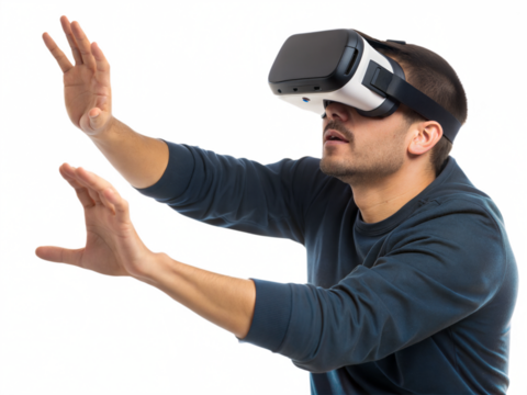 Man Experiencing Virtual Reality with VR Headset isolated on transparent background