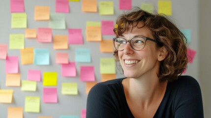 Cheerful professional manages tasks with colorful sticky notes on a wall. The image conveys themes of multitasking, time management, and handling stress in a busy work environment