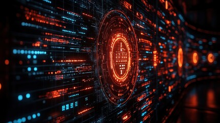 Futuristic digital interface display, data streams, glowing HUD, tunnel-like background