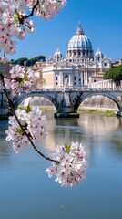 Fototapeta premium Experience vibrant spring colors along the Tiber River, showcasing beautiful blooming flowers and stunning architecture