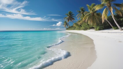 Turquoise waters gently lap against the serene sandy beach under a clear blue sky in a tropical paradise