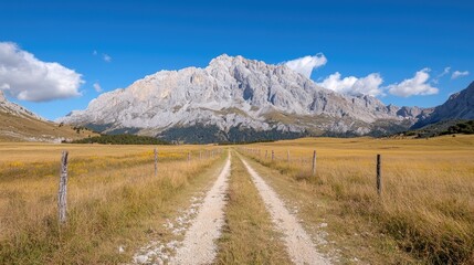 Obraz premium Dirt road leads through a golden grassy field towards a massive rocky mountain under a blue sky.