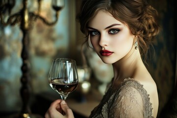 Elegant woman with beautiful makeup holding glass of wine in luxurious vintage interior setting