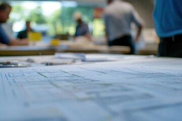 Architectural Plans and Blueprints on Table with People Engaged in Discussion in Background