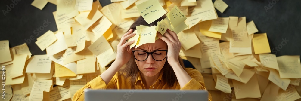 Poster office worker surrounded by sticky notes, illustrating the chaos of multitasking and time management