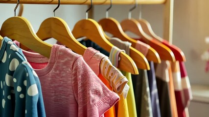 Wooden rack with children's clothes on hangers. Set of children bodysuits pastel colored. Clothing Rack with kid's outfit. Kids wardrobe. Baby garment set. Dressing. New baby apparel in a boutique.