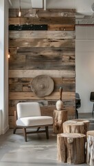 Fototapeta premium Sustainable Art and Minimalist Furniture with Reclaimed Wood Wall Design