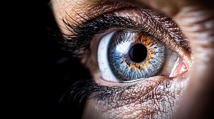 Close-up eye detail, iris, pupil, gaze, dark background, medical use