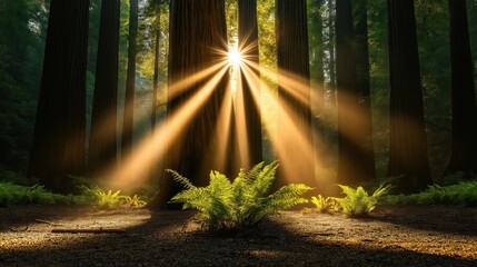 Sunlight filters through ancient redwood forest, creating a magical atmosphere and stunning visuals