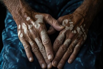Fototapeta premium Close-up of Elderly Hands with Unique Skin Patterns on Blue Fabric Background