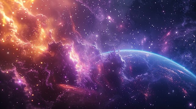 Colorful cosmic nebula and planet in vast space scene with distant stars