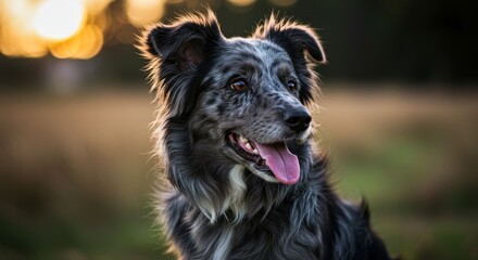 Fototapeta premium Blue Merle Border Collie Sunset Portrait - A beautiful blue merle Border Collie dog sits in a field at sunset, looking off to the side with its tongue out