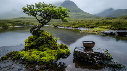 Serene Bonsai Tree by Misty Mountain River