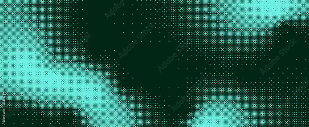 Poster Pixelated bitmap gradient texture. Retro pixel art, green dither pattern, 8 bit background. Vector illustration	