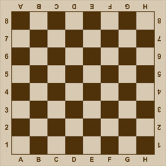 Classic chessboard with coordinates, brown and light orange playing field for chess or checkers