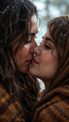 Romantic couple about to kiss in winter