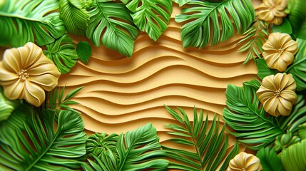 Tropical leaves frame sand waves background