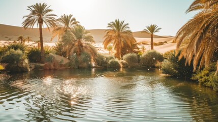 Fototapeta premium A deserted oasis with a serene pond, surrounded by tall palm trees and golden sand dunes. The sun casts a reflection on the surface of the water, creating shimmering ripples.