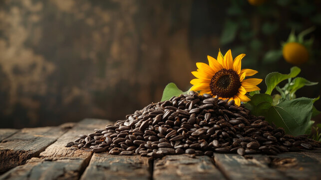 A heap of black roasted salted sunflower seeds with a sunflower bloom on a vintage wooden table, embodying the nut concept of Helianthus annuus