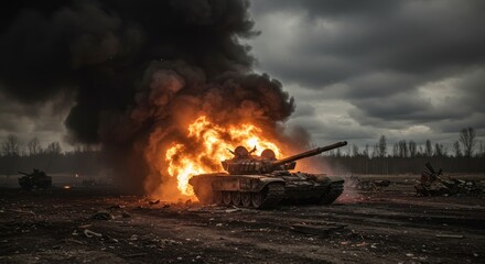 Burning Tank in Battlefield Smoke - Dramatic war scene, tank engulfed in flames, smoke billowing, destruction, conflict. Symbolizes war, loss, destruction, chaos, and devastation