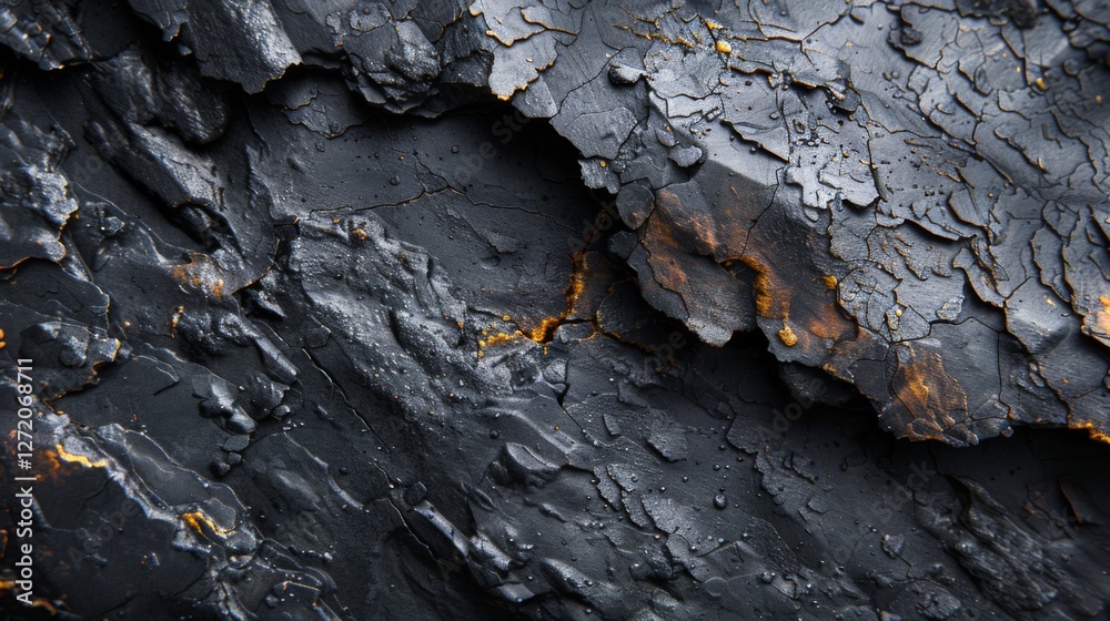 Fototapete Close up view of a rock surface displaying remarkable textures, dark tones, and striking orange highlights interwoven with deep cracks, revealing its geological complexity.