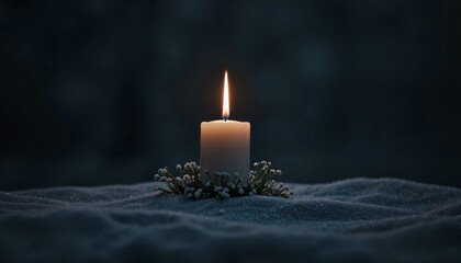 Candle glowing in darkness surrounded by snowdrops, symbolism of renewal