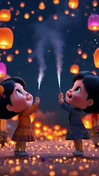 3D illustration of children setting off fireworks in the sky with the words "Happy Lantern Festival 2025" in cute cartoon style, simple background with red buildings, purple lights and yellow lanterns