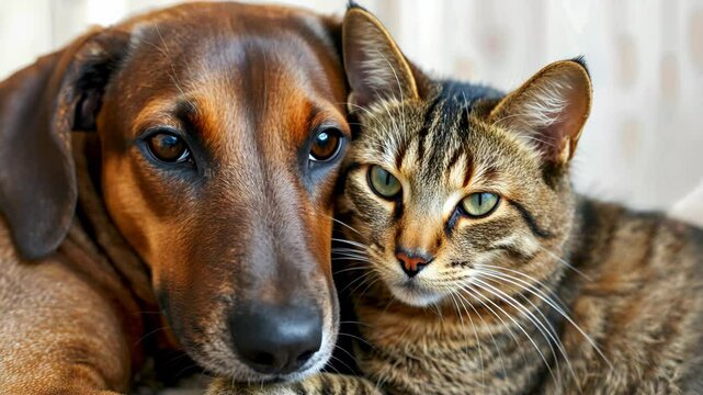 A cat and a dog lying together in bed. Advertising banner template for veterinary clinic or pet store.