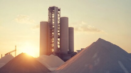 Cement factory polluting the environment at sunset with large piles of processed sand and gravel, industrial extraction for the production of building materials