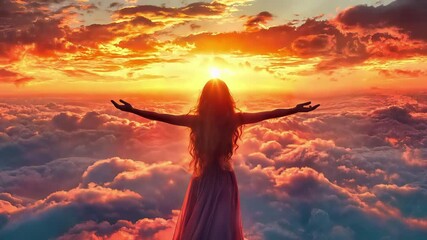 Silhouette of woman with long hair and dress stands above clouds at sunset, arms outstretched. Ethereal spiritual meditation scene with divine light and heavenly atmosphere. Perfect for faith, hope