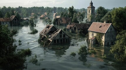 Obraz premium Flooded village; ruined houses, submerged trees.