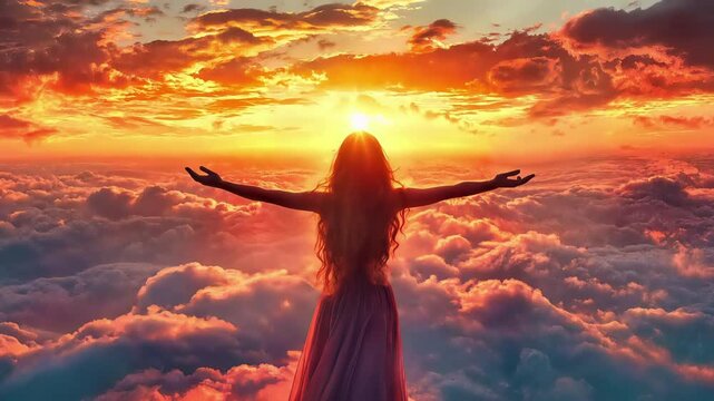 Silhouette of woman with long hair and dress stands above clouds at sunset, arms outstretched. Ethereal spiritual meditation scene with divine light and heavenly atmosphere. Perfect for faith, hope