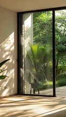 Fototapeta premium Sleek Sliding Glass Door to Lush Backyard - Energy Efficient Design for Modern Homes