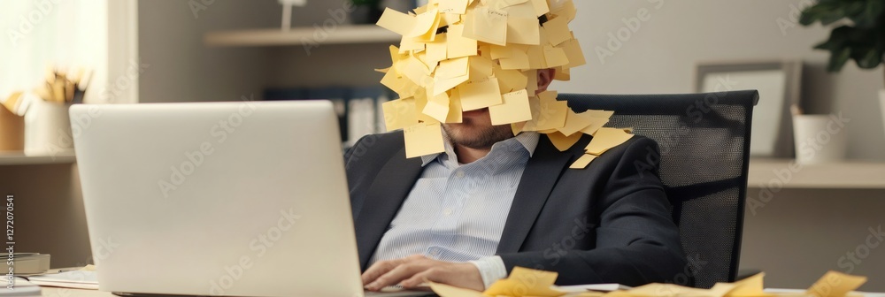 Poster office worker sitting at a desk with face and body covered in sticky notes, symbolizing stress and c
