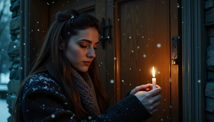 Fototapeta premium Woman lighting candle at rustic door in snowfall, Imbolc ritual