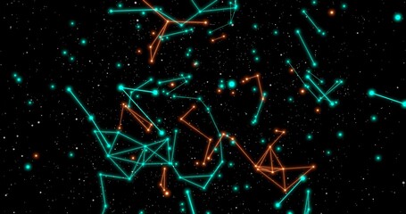 Polygon network in orange and green colours. Abstract plexus, science, connections, wire, system and digital, geometry