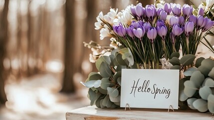 Delicate spring flowers in vases brighten a white shelf, with a cozy framed message welcoming the new season of spring