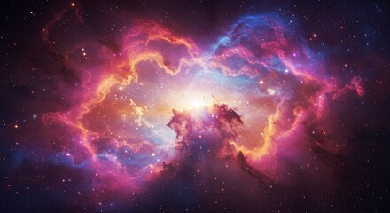 Fototapeta premium Cosmic Nebula: Celestial Dance of Colors - Vibrant nebula swirls in a cosmic ballet of pink, orange, and blue hues. Stars twinkle in the vast expanse of space