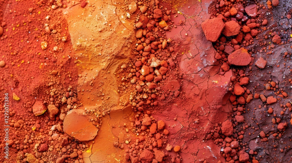 Poster different shades of red and orange pigments are arranged on a textured surface, creating a vibrant d